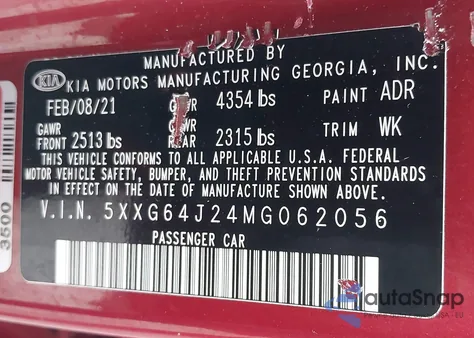 2021 Kia K5 Gt-Line z USA, uszkodzony, nr VIN 5XXG64J24MG062056